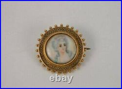 Antique Brooch/Pin, 9K Gold, Hand Painted Portrait of a Victorian Lady