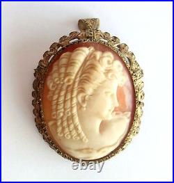 Antique CAMEO VICTORIAN Period Hand Carved SHELL Surrounded with GILT SILVER