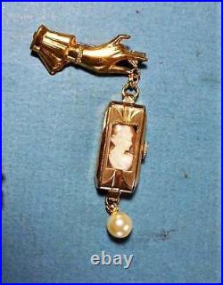 Antique CAMEO in Edwardian Gold Fill Watch Hanging Victorian Hand Brooch No Guts
