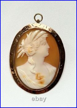 Antique Cameo Brooch Pendant Edwardian 10k Gold Hand Carnelian Carved Shell