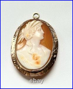 Antique Cameo Brooch Pendant Edwardian 10k Gold Hand Carnelian Carved Shell