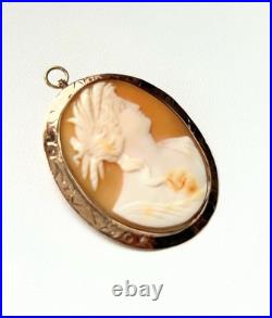 Antique Cameo Brooch Pendant Edwardian 10k Gold Hand Carnelian Carved Shell