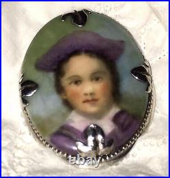 Antique Cameo Miniature Portrait Brooch Sterling Silver Victorian Hand Painted