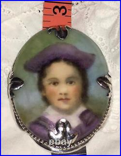 Antique Cameo Miniature Portrait Brooch Sterling Silver Victorian Hand Painted