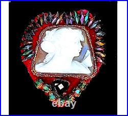 Antique Cameo Psyche with Butterfly Hand Beaded Rainbow Iris Emerald Gold Heart