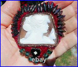 Antique Cameo Psyche with Butterfly Hand Beaded Rainbow Iris Emerald Gold Heart