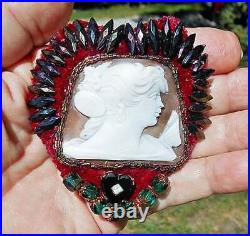 Antique Cameo Psyche with Butterfly Hand Beaded Rainbow Iris Emerald Gold Heart