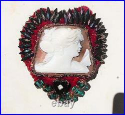 Antique Cameo Psyche with Butterfly Hand Beaded Rainbow Iris Emerald Gold Heart