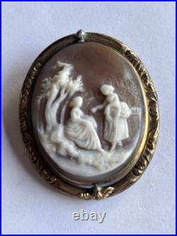 Antique Carved Shell Cameo Two Hand Maidens Figure Gold Tone Swivel Brooch Pin