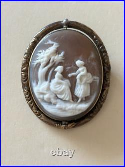 Antique Carved Shell Cameo Two Hand Maidens Figure Gold Tone Swivel Brooch Pin