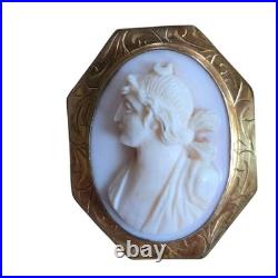 Antique Carved Shell Goddess Diana Cameo Brooch Gold-plate Sterling SIGNED A. LL