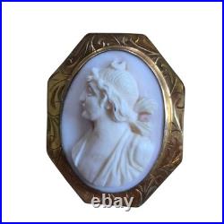 Antique Carved Shell Goddess Diana Cameo Brooch Gold-plate Sterling SIGNED A. LL