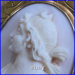 Antique Carved Shell Goddess Diana Cameo Brooch Gold-plate Sterling SIGNED A. LL