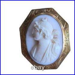 Antique Carved Shell Goddess Diana Cameo Brooch Gold-plate Sterling SIGNED A. LL