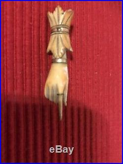 Antique Carved Victorian Pointed Finger HAND BROACH Pin Gold Accent Stay Away