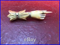 Antique Carved Victorian Pointed Finger HAND BROACH Pin Gold Accent Stay Away
