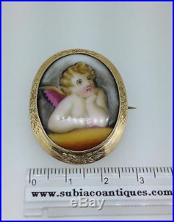 Antique Cherub Brooch Victorian 15ct gold mount hand painted porcelain pendant