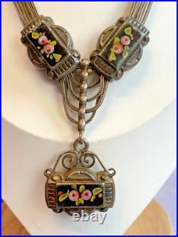 Antique Choker 900 Silver Fob Necklace 14 Jewelry Floral Hand Painted Enamel