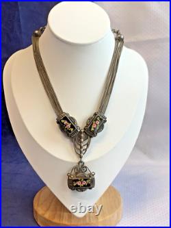 Antique Choker 900 Silver Fob Necklace 14 Jewelry Floral Hand Painted Enamel