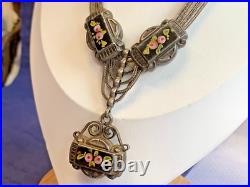 Antique Choker 900 Silver Fob Necklace 14 Jewelry Floral Hand Painted Enamel