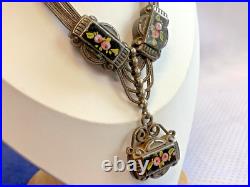 Antique Choker 900 Silver Fob Necklace 14 Jewelry Floral Hand Painted Enamel