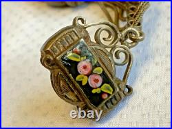 Antique Choker 900 Silver Fob Necklace 14 Jewelry Floral Hand Painted Enamel