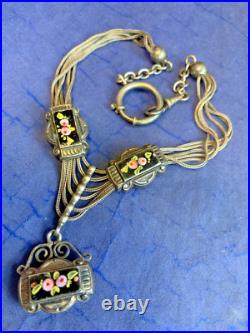 Antique Choker 900 Silver Fob Necklace 14 Jewelry Floral Hand Painted Enamel