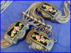 Antique Choker 900 Silver Fob Necklace 14 Jewelry Floral Hand Painted Enamel