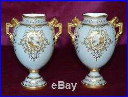 Antique Coalport Small Twin Handled Urn Vases Hand Painted Panels Pair of A\F