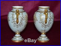 Antique Coalport Small Twin Handled Urn Vases Hand Painted Panels Pair of A\F