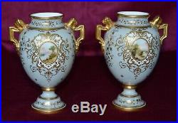 Antique Coalport Small Twin Handled Urn Vases Hand Painted Panels Pair of A\F