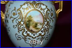 Antique Coalport Small Twin Handled Urn Vases Hand Painted Panels Pair of A\F