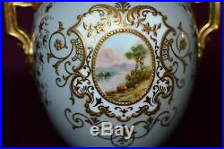 Antique Coalport Small Twin Handled Urn Vases Hand Painted Panels Pair of A\F