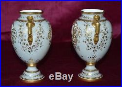 Antique Coalport Small Twin Handled Urn Vases Hand Painted Panels Pair of A\F