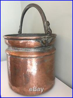 Antique Copper Bucket Log Bin Coal Store Hand Forged Wrought Iron Handle Pail