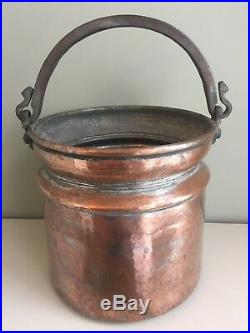 Antique Copper Bucket Log Bin Coal Store Hand Forged Wrought Iron Handle Pail