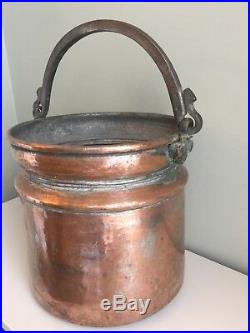 Antique Copper Bucket Log Bin Coal Store Hand Forged Wrought Iron Handle Pail