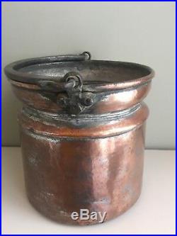 Antique Copper Bucket Log Bin Coal Store Hand Forged Wrought Iron Handle Pail