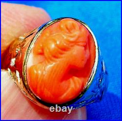 Antique Deco Mediterranean Coral Ring Victorian Hand Engraved 10k Solid Gold