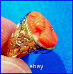 Antique Deco Mediterranean Coral Ring Victorian Hand Engraved 10k Solid Gold