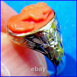 Antique Deco Mediterranean Coral Ring Victorian Hand Engraved 10k Solid Gold