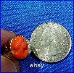 Antique Deco Mediterranean Coral Ring Victorian Hand Engraved 10k Solid Gold