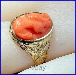 Antique Deco Mediterranean Coral Ring Victorian Hand Engraved 10k Solid Gold
