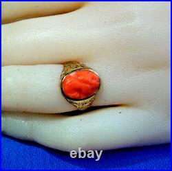 Antique Deco Mediterranean Coral Ring Victorian Hand Engraved 10k Solid Gold