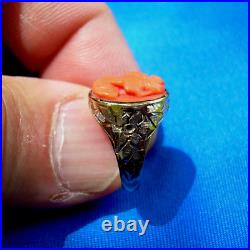 Antique Deco Mediterranean Coral Ring Victorian Hand Engraved 10k Solid Gold