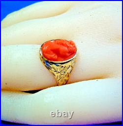 Antique Deco Mediterranean Coral Ring Victorian Hand Engraved 10k Solid Gold