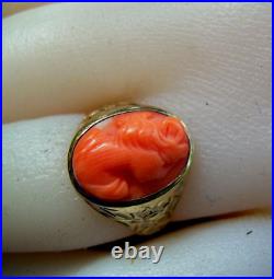 Antique Deco Mediterranean Coral Ring Victorian Hand Engraved 10k Solid Gold