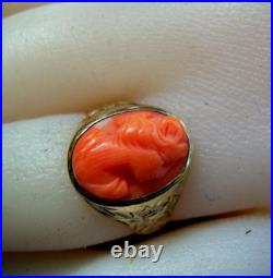Antique Deco Mediterranean Coral Ring Victorian Hand Engraved 10k Solid Gold
