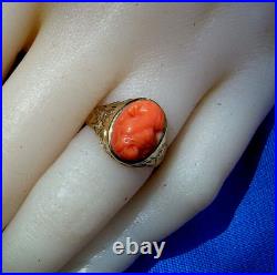 Antique Deco Mediterranean Coral Ring Victorian Hand Engraved 10k Solid Gold