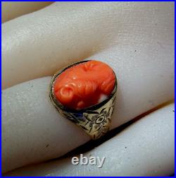 Antique Deco Mediterranean Coral Ring Victorian Hand Engraved 10k Solid Gold